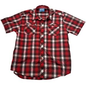 Seventy Seven Mens Large Red Black Plaid Short Sleeve Button Down Shirt Epaulets
